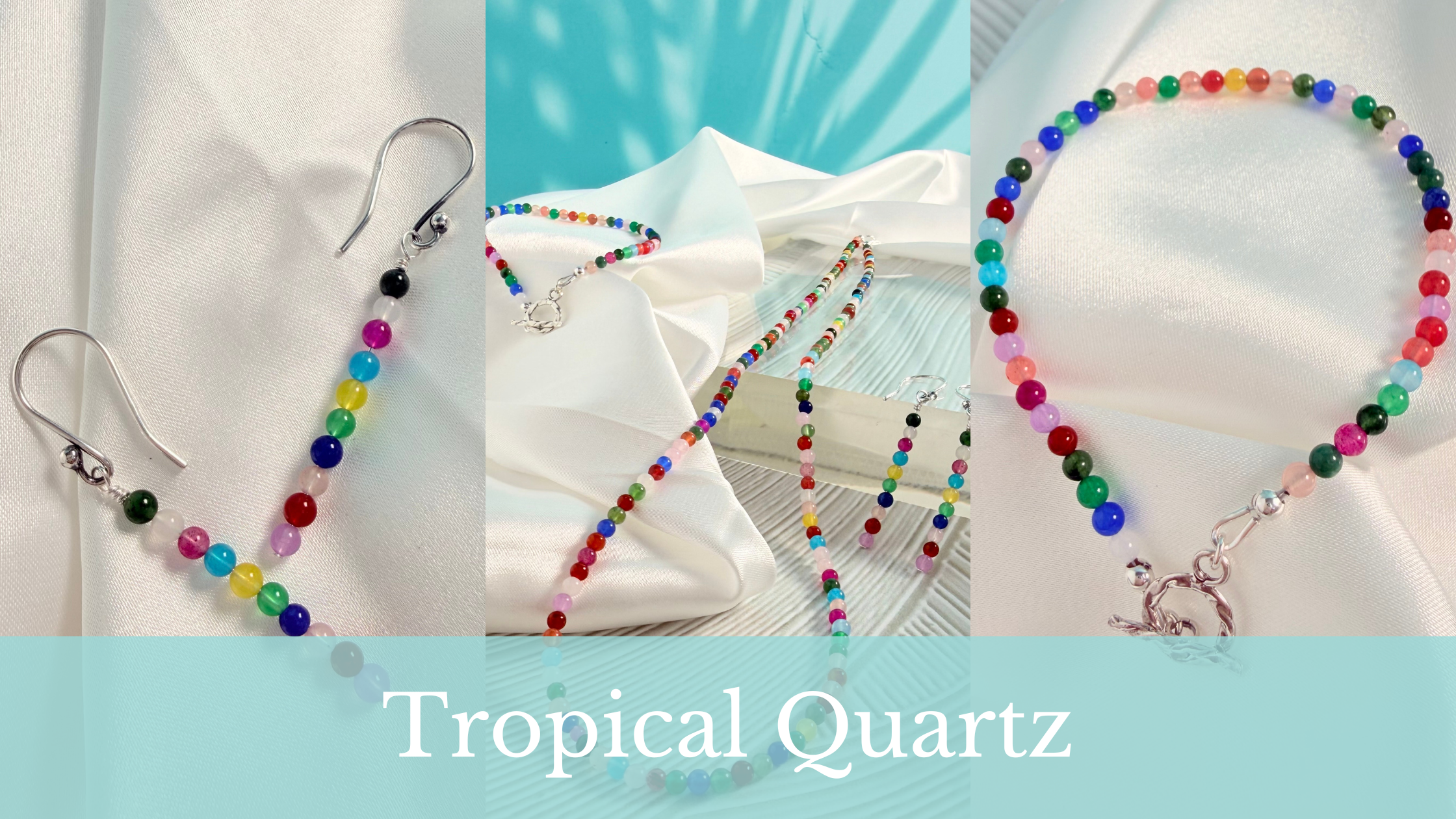 Multicolored quartz necklace, earrings, bracelet